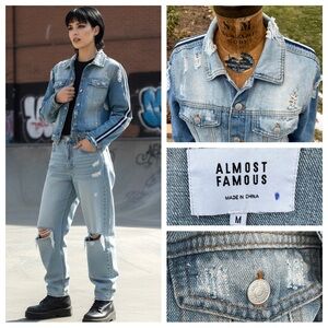 Almost Famous Distressed Blue Denim Jacket Women Racing Stripe‎ Trucker M Grunge